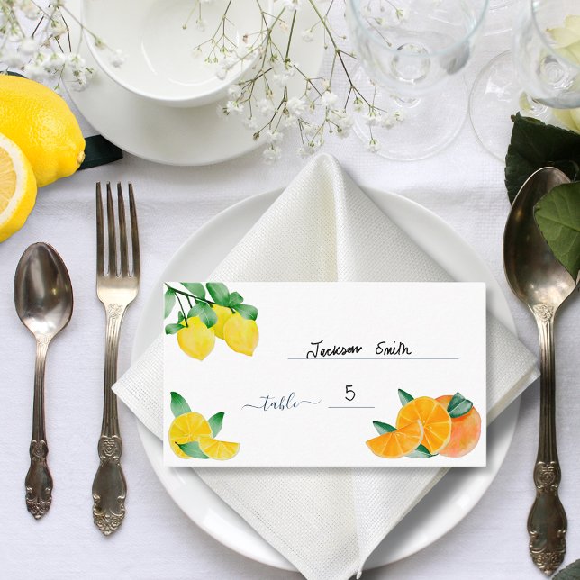 Citrus Lemon och Orange Bröllop Bord-platskort Visitkort (Lemons and oranges citrus wedding budget place name cards)