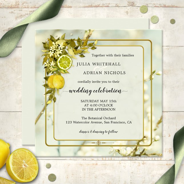 Citrus Lemon Orchard Watercolor bröllopsinbjudan Inbjudningar (Wedding invitation featuring watercolor painted leaves with lemon and citrus fruits and flowers)