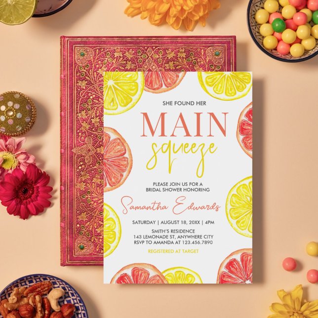 Citrus Lemon Pomelo Main Squeeze Möhippa Inbjudningar (Citrus Main Squeeze Bridal Shower Invitation)