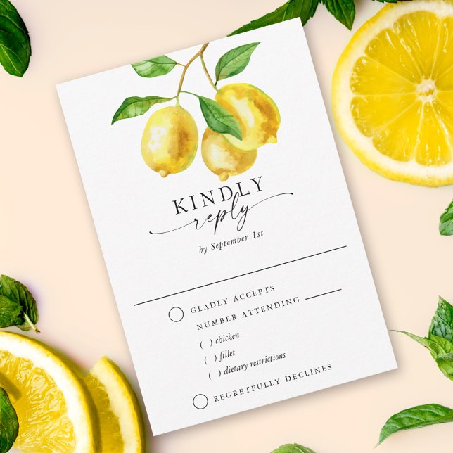 Citrus Lemon Watercolor Meal Choice OSA Kort (The hand-painted watercolor lemon design creates a sophisticated wedding RSVP with meal choice.)