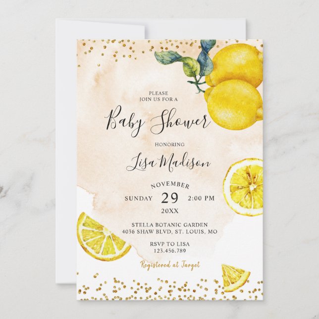 Citrus Lemon Watercolor Thmet Baby Shower Inbjudningar (Framsida)