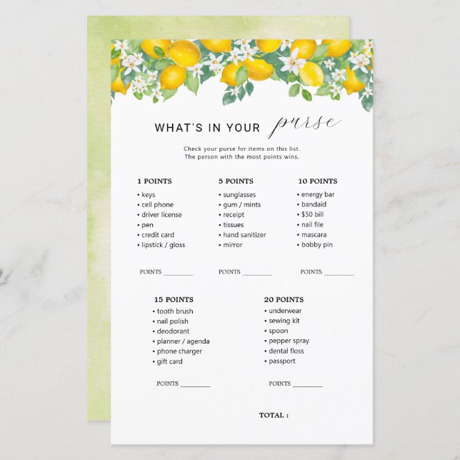 Citrus Lemon What's in your Purse Möhippa Game (Fram/baksida)