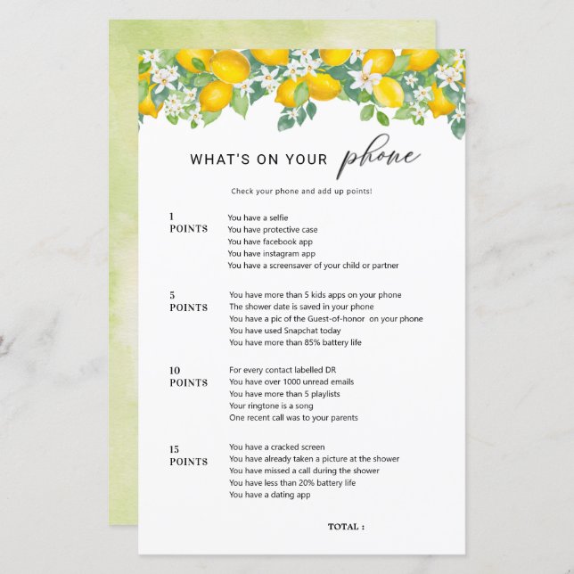 Citrus Lemon What's On Your Phone Bröllopsspel (Fram/baksida)