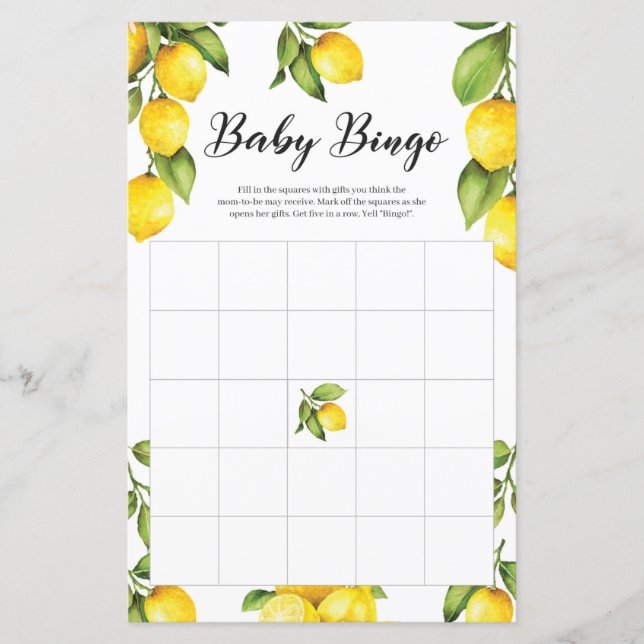 Citrus Lemons Baby Shower Bingo Game Card (Framsida)