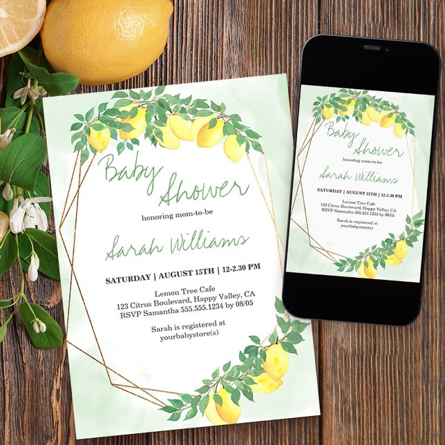 Citrus Lemons Guld Ram Mint Tvättar Baby Shower Inbjudningar (Skapare uppladdad)
