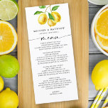 Citrus Menu i Lemon Watercolor Meny<br><div class="desc">Vårt citrontema bröllop-menykort är det perfekt sättet att ge din bröllopsmottagning en nyhet och viskhet. Den ljusa och trevliga citronkonstruktionen är perfekt för sommartid i bröllop, och elegantens typografi tillför en aning sofistikering. Citronmotivet tillför en aning charm från stollig och skapar det här menykortet ett vackert och praktiskt tillägg till...</div>