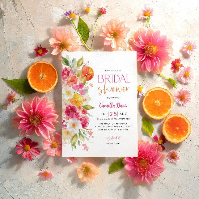 Citrus Möhippa, Bright Blommigt Mediterranean Inbjudningar (Bright Floral Bridal Shower Invitation with citrus orange graphics. Mediterranean themed Bridal )