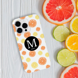 Citrus Mönster Orange Lemon Round Monogram White