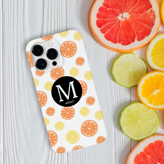 Citrus Mönster Orange Lemon Round Monogram White (Skapare uppladdad)