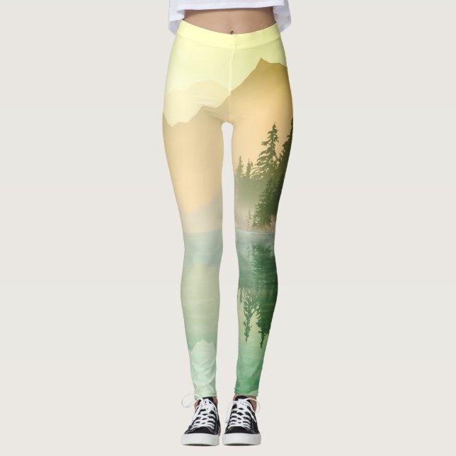 Citrus N Grönt Mountain Forest Landscape Leggings (Framsida)
