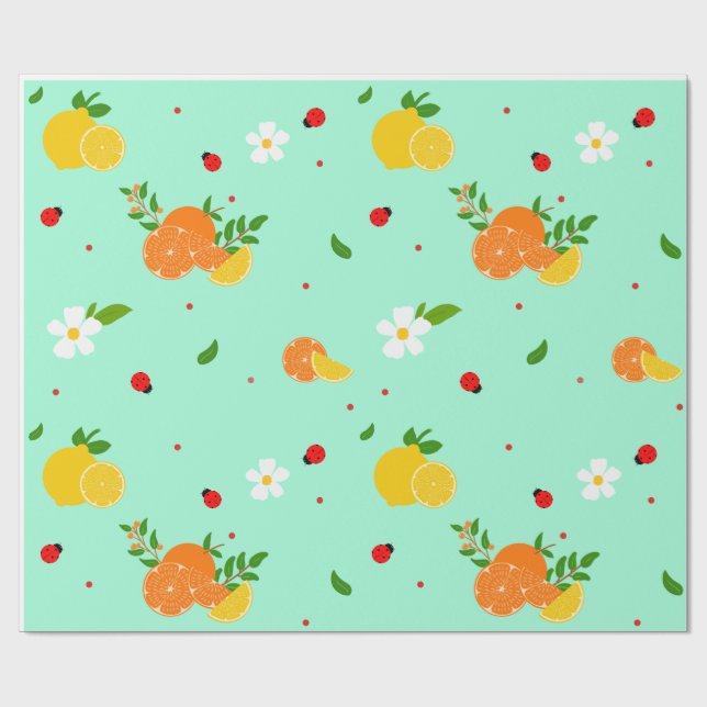 Citrus och nyckelpiga botaniskt mönster med blommo presentpapper (Platt)