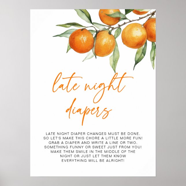 Citrus Orange Baby Shower Late Night Diaper Poster (Framsidan)