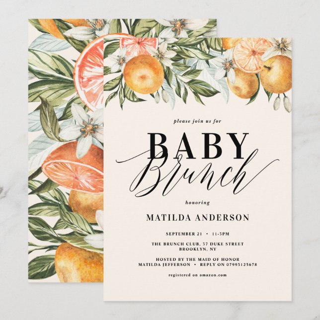 Citrus, orange + blommar baby brunch party (Fram/baksida)