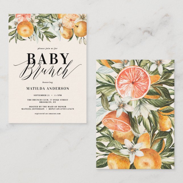 Citrus, orange + blommar baby brunch party anteckningskort (Fram/baksida)
