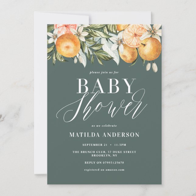 Citrus, orange + blommar babydusch (Framsida)