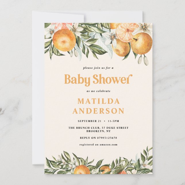 Citrus, orange + blommar babydusch (Framsida)