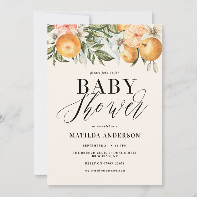 Citrus, orange + blommar babydusch (Framsida)