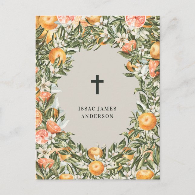 Citrus, orange + blommar, doftningsbaptism inbjudan vykort (Framsida)