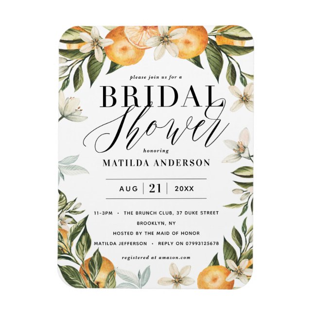 Citrus, orange + blommar möhippa party magnet (Vertikal)