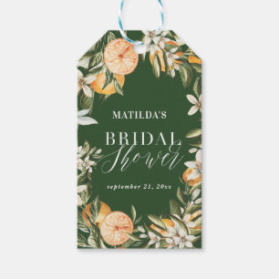 Citrus, orange + blommar möhippa party presentetikett