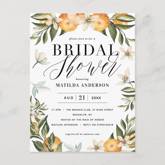 Citrus, orange + blommar möhippa party vykort (Framsida)