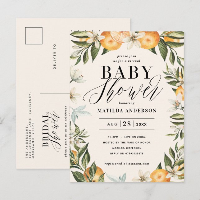 Citrus orange blommar virtuell babydusch party po inbjudan vykort (Fram/baksida)