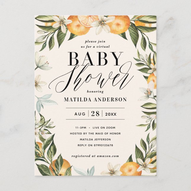 Citrus orange blommar virtuell babydusch party vykort (Framsida)