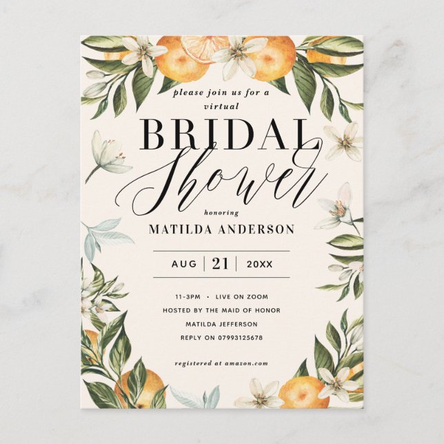 Citrus orange blommar virtuellare möhippa party vykort (Framsida)