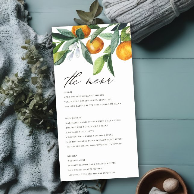 Citrus Orange Botanical Boho Bröllop Menu Card Tack Kort (Skapare uppladdad)