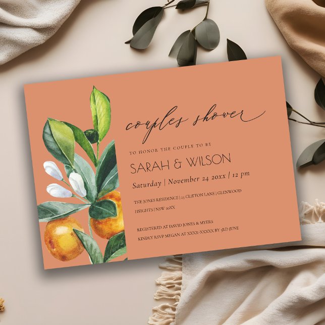 Citrus Orange Botanical Rust Par Shower Inbjudan (Skapare uppladdad)