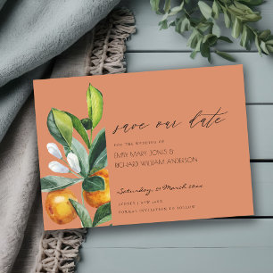 Citrus Orange Botanical Rust Save the Date Inbjuda Tack Kort