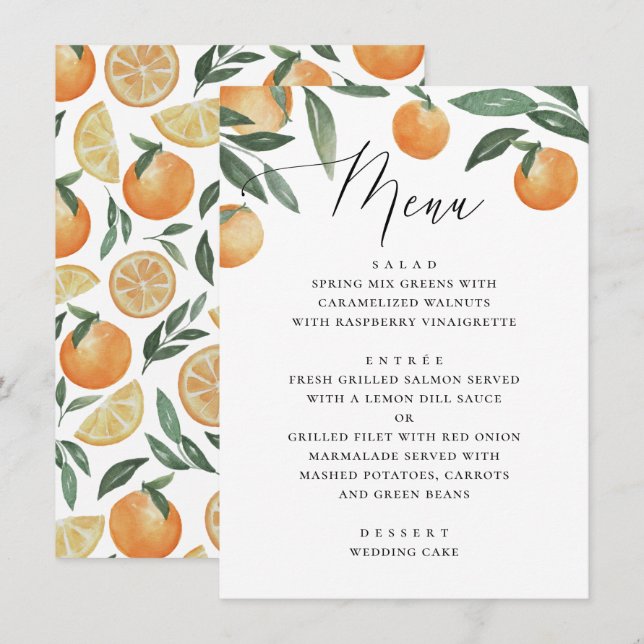 Citrus Orange Bröllop | Botanisk Kalligrafi Meny (Fram/baksida)