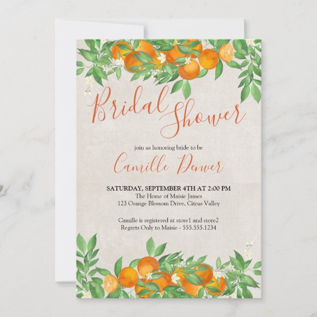 Citrus Orange Elegant Bröllopsdusch Script Inbjudningar (Framsida)