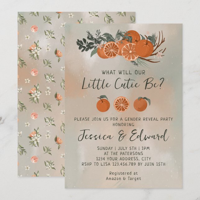 Citrus Orange Grönt Little Cutie Gender Reveal Inbjudningar (Fram/baksida)