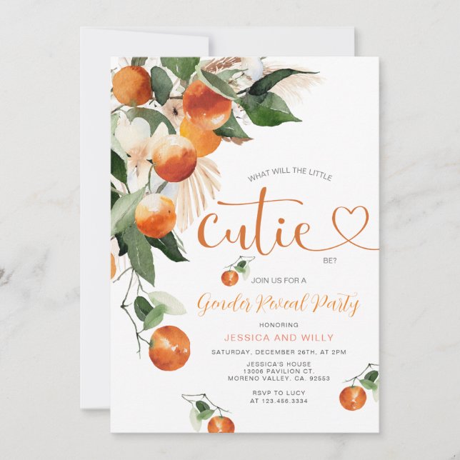Citrus Orange he or her Greenery Gender Reveal Inbjudningar (Framsida)
