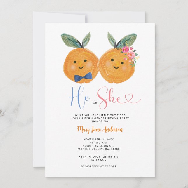 Citrus Orange he or her Rosa Blommigt Gender Revea Inbjudningar (Framsida)