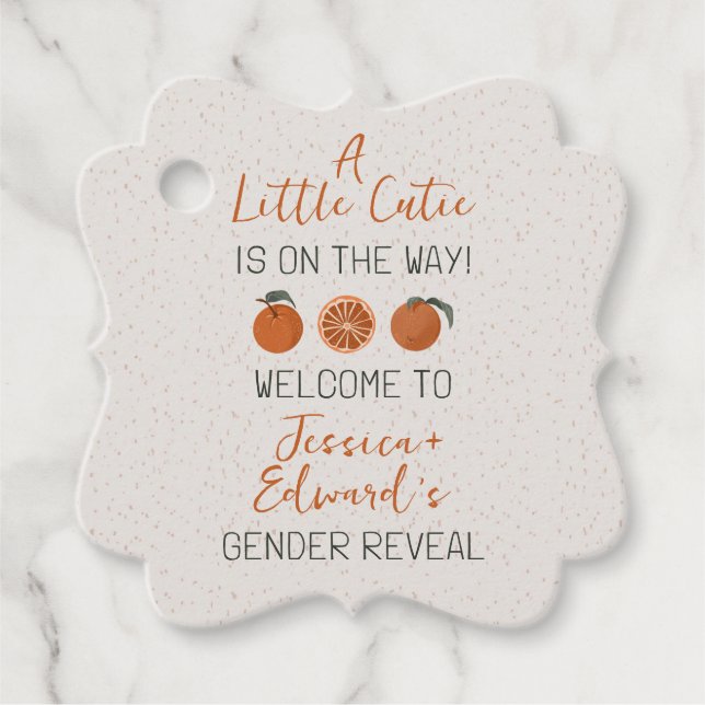 Citrus Orange Little Cutie Gender Reveal Party Gåvor Etiketter (Framsida)