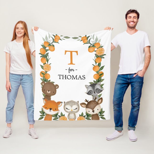 Citrus Orange Woodland Greenery Animals Monogram Fleecefilt (På plats)