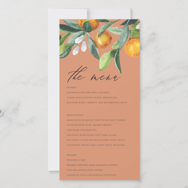 Citrus-Orangen Botanical Bröllop Menu Card Tack Kort (Framsida)