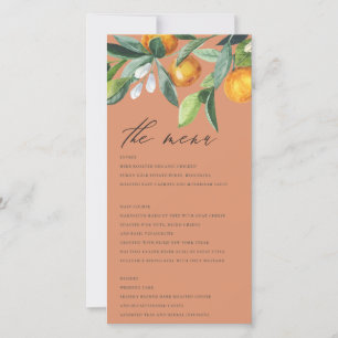 Citrus-Orangen Botanical Bröllop Menu Card Tack Kort