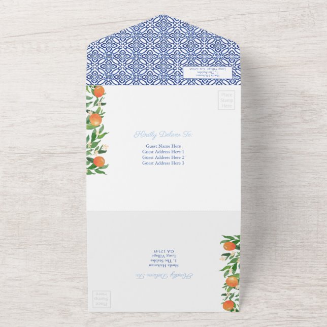 Citrus Oranges Antique Blue White Tiles Bröllop Al (Utsida)