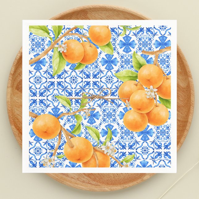 Citrus Oranges & Blue Azulejo Tiles Pappersservett (Citrus Oranges Little Cutie Azulejo Tiles )