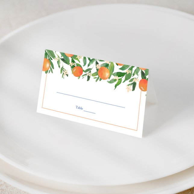 Citrus Oranges Blue Tiles Spain Bröllopsfest Placeringskort (Positano oranges with blue and white tile print wedding place cards)
