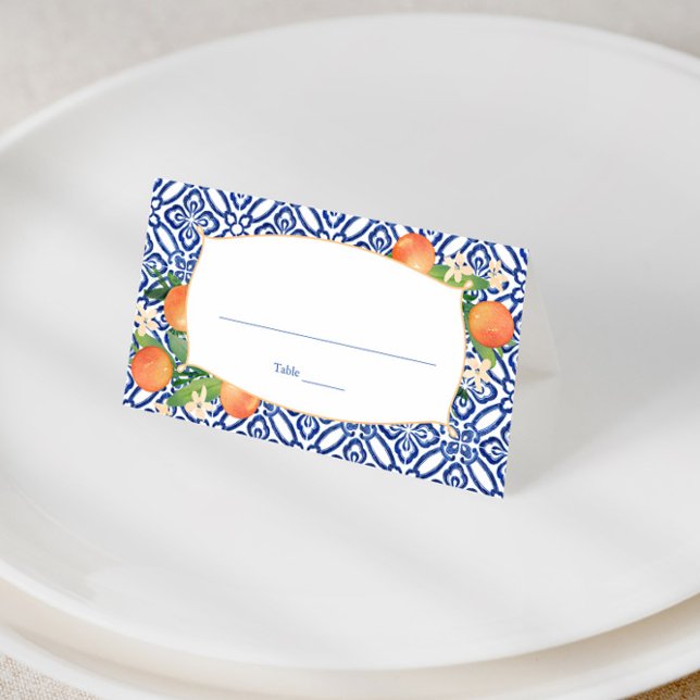 Citrus Oranges Classic Blue Tiles Mönster Bröllop Placeringskort (Positano oranges with azulejo tile design wedding shower place cards)
