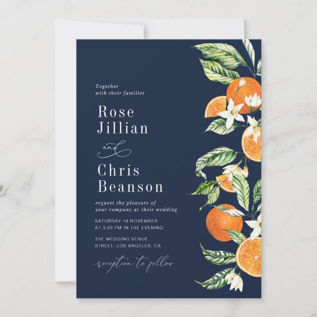 Citrus Oranges Navy Blue Blommigt Bröllop Inbjudningar (Framsida)
