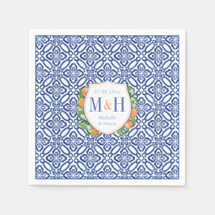 Citrus Oranges Vintage Blue Tiles Monogram Bröllop Pappersservett
