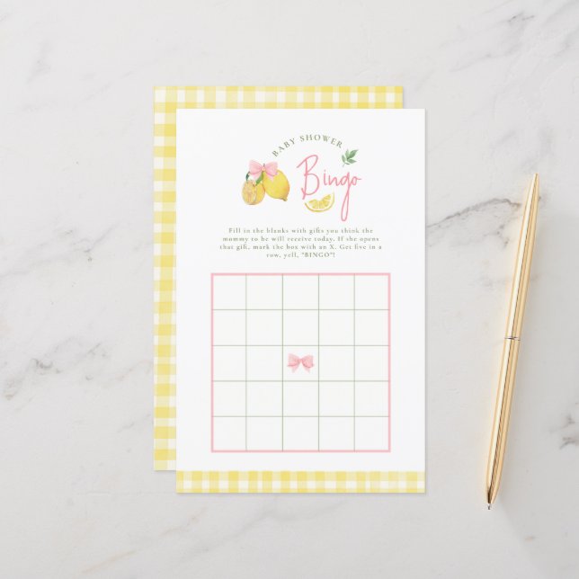 Citrus pink bow lemon baby shower bingo Game (Fram/Back In Situ)