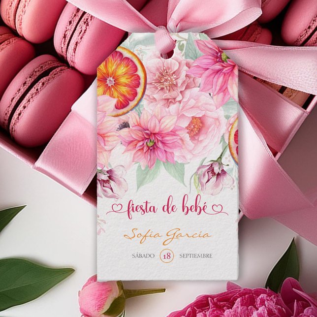 Citrus Rosa Akvarell Spansk Bebisfest Presentetikett (Citrus and pink watercolor flowers baby shower gift tag, girl baby shower)