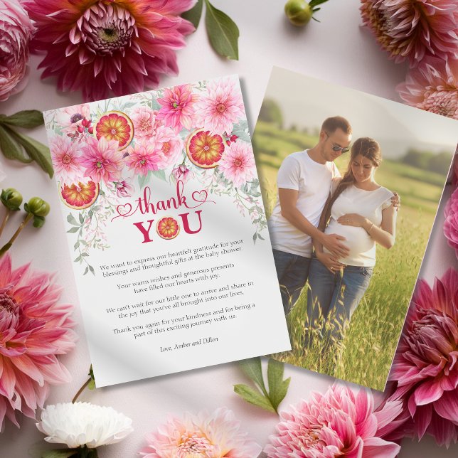 Citrus Rosa Akvarellblommor Bebis Shower Tack Kort (Citrus with pink watercolor flowers baby shower thank you card, girl baby shower)