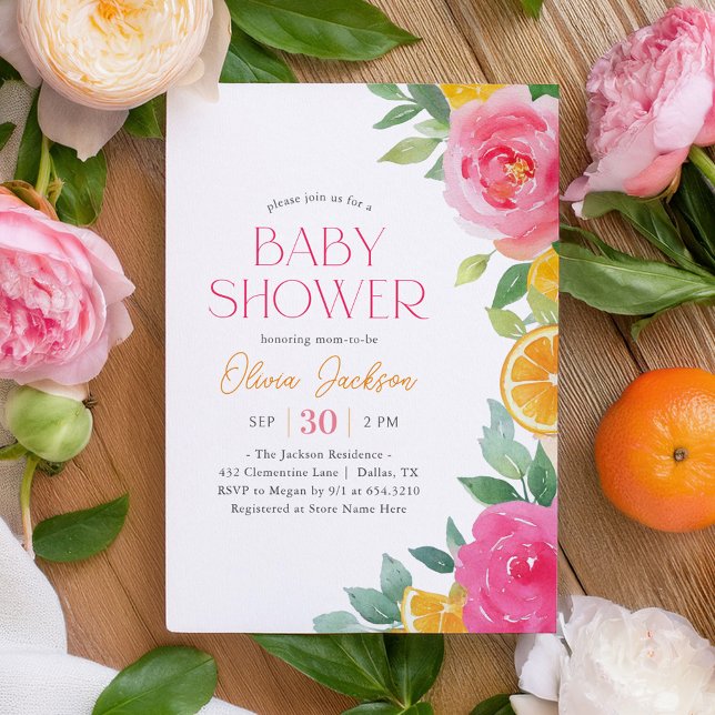 Citrus Rosa Blommigt Baby Shower Inbjudningar (Skapare uppladdad)